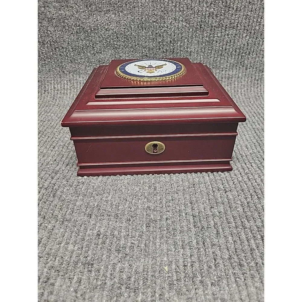 US Navy Wooden Keepsake Jewelry Box Mahogany Finish Military‎ Medallion 8x8x4
